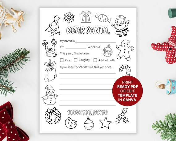 Letter To Santa Coloring Page Printable: Christmas Wish List For Kids (PDF & Canva Template)