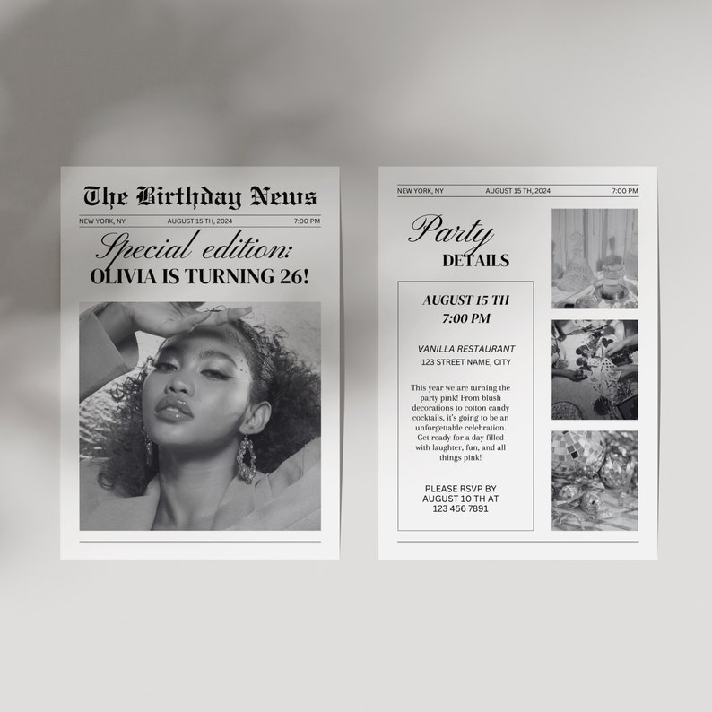 Puede incluir: Una invitaci&oacute;n de fiesta de cumplea&ntilde;os en blanco y negro estilo peri&oacute;dico para el cumplea&ntilde;os n&uacute;mero 26 de Olivia. La invitaci&oacute;n presenta una foto de Olivia y detalles sobre la fiesta, incluyendo la fecha, la hora y la ubicaci&oacute;n. El texto de la invitaci&oacute;n dice "The Birthday News" y "Edici&oacute;n especial: &iexcl;Olivia cumple 26 a&ntilde;os!"