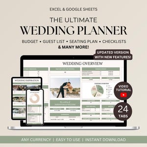 Puede incluir: Una plantilla digital de planificador de bodas que se muestra en una computadora portátil, tableta y teléfono inteligente. La pantalla muestra "The Ultimate Wedding Planner" con funciones de presupuesto, lista de invitados y lista de verificación.