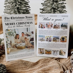 Modello per biglietto di Natale con revisione dell'anno, collage di foto per biglietto di che anno, biglietto di Natale stampabile per giornale, newsletter natalizia, biglietto fotografico
