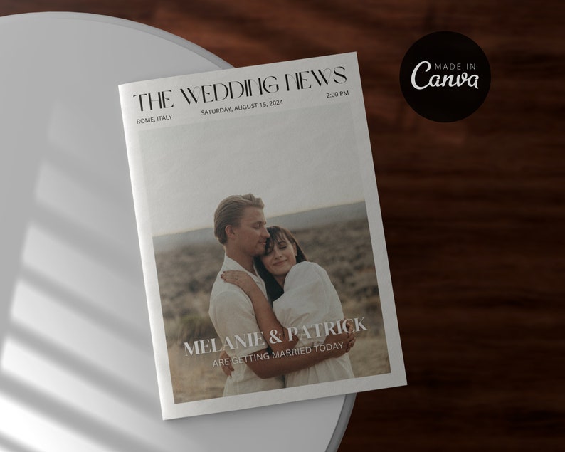 May include: A wedding newspaper with the headline "THE WEDDING NEWS" and the names "MELANIE & PATRICK" with the text "ARE GETTING MARRIED TODAY". The newspaper is dated Saturday, August 15, 2024, and includes the time 2:00 PM. The image features a couple embracing.