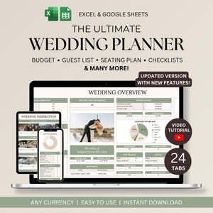 May include: A digital wedding planner template is shown on a laptop, tablet, and smartphone. The screen displays a wedding overview, budget, guest list, seating plan, checklists, and more. Text includes "Updated Version with New Features!" and "Easy to Use".