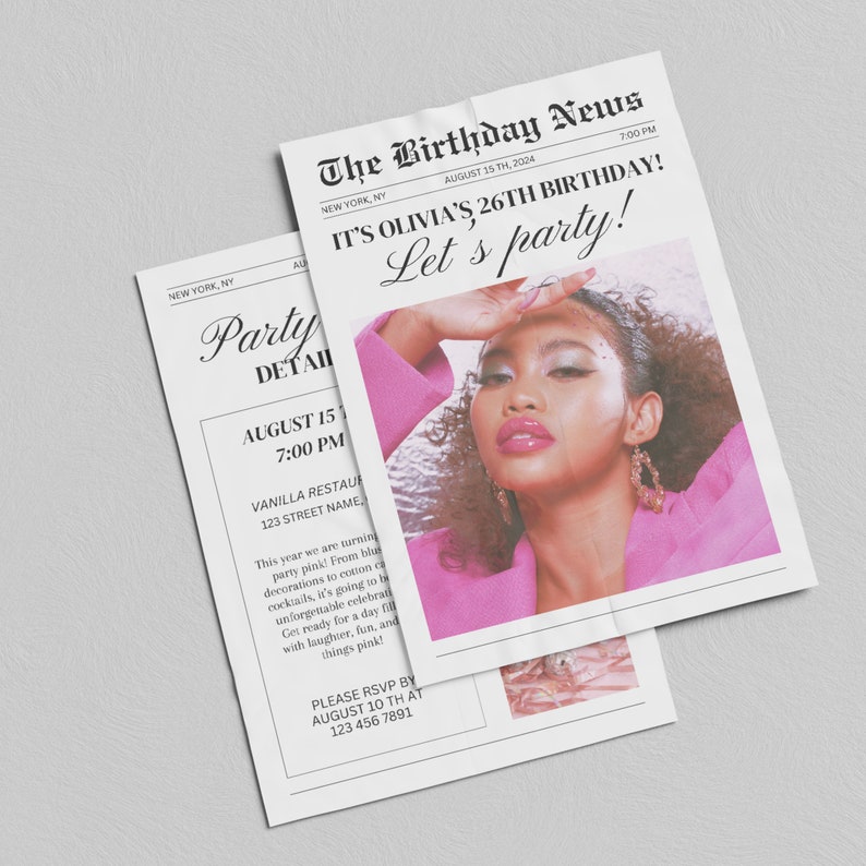 May include: Two newspaper-style party invitations. The main invitation reads "The Birthday News" and "It's Olivia's 26th Birthday! Let's party!" with a photo of a woman in pink. The second invitation has party details.
