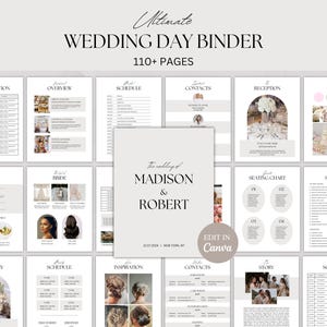 Op de afbeelding: Een trouwdagmap met meer dan 110 pagina's, met secties voor vervoer, planning en menu. De omslag toont "The wedding of MADISON & ROBERT" en "EDIT IN Canva."