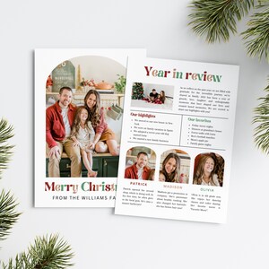 Modello di biglietto di Natale con revisione dell'anno, biglietto di che anno, modello di biglietto di auguri arco stampabile, biglietto con foto di famiglia, biglietto di Natale retrò