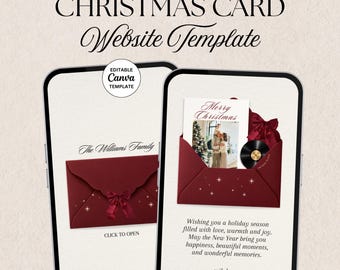 Digital Christmas Card Template , Burgundy Holiday Photo Card Website, Modern Family Christmas Card, Editable Canva Template
