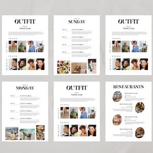 May include: A printable planner template with a black and white design. The planner includes sections for outfit inspiration, makeup inspiration, restaurants, and daily schedules. The template is designed for a weekend trip.