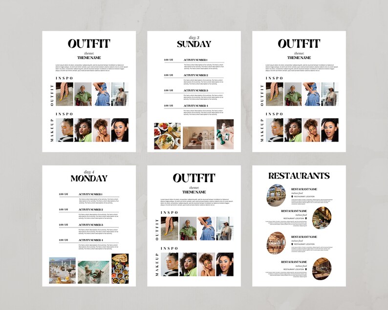 May include: A printable planner template with a black and white design. The planner includes sections for outfit inspiration, makeup inspiration, restaurants, and daily schedules. The template is designed for a weekend trip.
