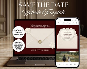 Burgundy Save The Date Template: Lace & Floral Wedding Website (Canva Digital Invitation)