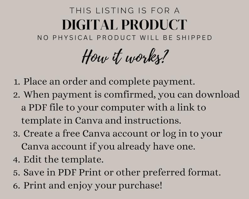 May include: Image with text: "THIS LISTING IS FOR A DIGITAL PRODUCT. NO PHYSICAL PRODUCT WILL BE SHIPPED." Instructions on how to download and use a digital template in Canva are also included.
