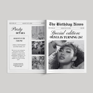 Puede incluir: Una invitaci&oacute;n de estilo peri&oacute;dico en blanco y negro para una fiesta de cumplea&ntilde;os n&uacute;mero 26. El titular dice "The Birthday News" y "Edici&oacute;n especial: &iexcl;Olivia cumple 26!" La invitaci&oacute;n incluye detalles sobre la fiesta, como la fecha, la hora, el lugar y la informaci&oacute;n de RSVP.