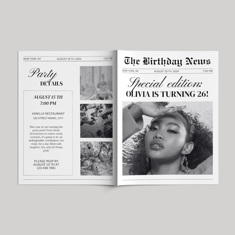 Puede incluir: Una invitaci&oacute;n de estilo peri&oacute;dico en blanco y negro para una fiesta de cumplea&ntilde;os n&uacute;mero 26. El titular dice "The Birthday News" y "Edici&oacute;n especial: &iexcl;Olivia cumple 26!" La invitaci&oacute;n incluye detalles sobre la fiesta, como la fecha, la hora, el lugar y la informaci&oacute;n de RSVP.