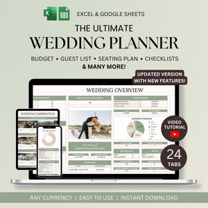 Può includere: Un laptop che mostra un foglio di calcolo per un wedding planner, con un tablet e un telefono che mostrano contenuti correlati. Il testo include "The Ultimate Wedding Planner", "Budget", "Guest List" e "Checklists". L'immagine include anche il testo "Updated Version with New Features!"