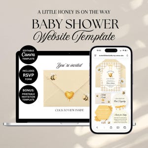Lite honung är på väg Baby Shower-webbplatsmall: Digital inbjudan till bi (Canva)