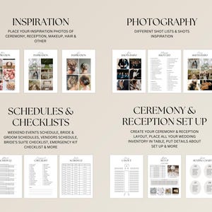 Op de afbeelding: Een gids voor een huwelijksplanner met secties getiteld "Inspiratie", "Fotografie", "Schema's & checklists" en "Ceremonie & receptie". De pagina's bevatten lay-outs, checklists en foto-inspiratie voor het plannen van een bruiloft.