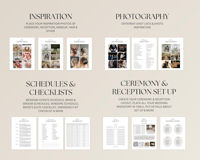 Op de afbeelding: Een gids voor een huwelijksplanner met secties getiteld "Inspiratie", "Fotografie", "Schema's & checklists" en "Ceremonie & receptie". De pagina's bevatten lay-outs, checklists en foto-inspiratie voor het plannen van een bruiloft.