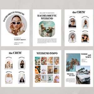May include: A bachelorette weekend invitation with a white background and black text. The invitation includes the bride-to-be's name, the dates of the event, and the location. It also includes a list of the bridesmaids and a section for travel details.