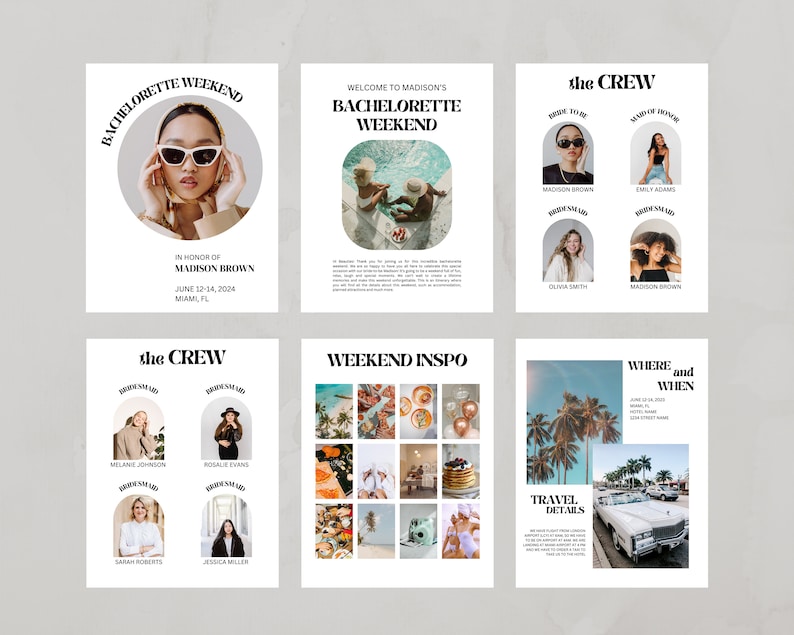 May include: A bachelorette weekend invitation with a white background and black text. The invitation includes the bride-to-be's name, the dates of the event, and the location. It also includes a list of the bridesmaids and a section for travel details.