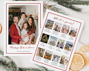 Modelo de cartão de Natal com retrospectiva anual, colagem de fotos de cartões "Que ano!", modelo de cartão de Natal com foto de família para impressão, boletim informativo de Natal