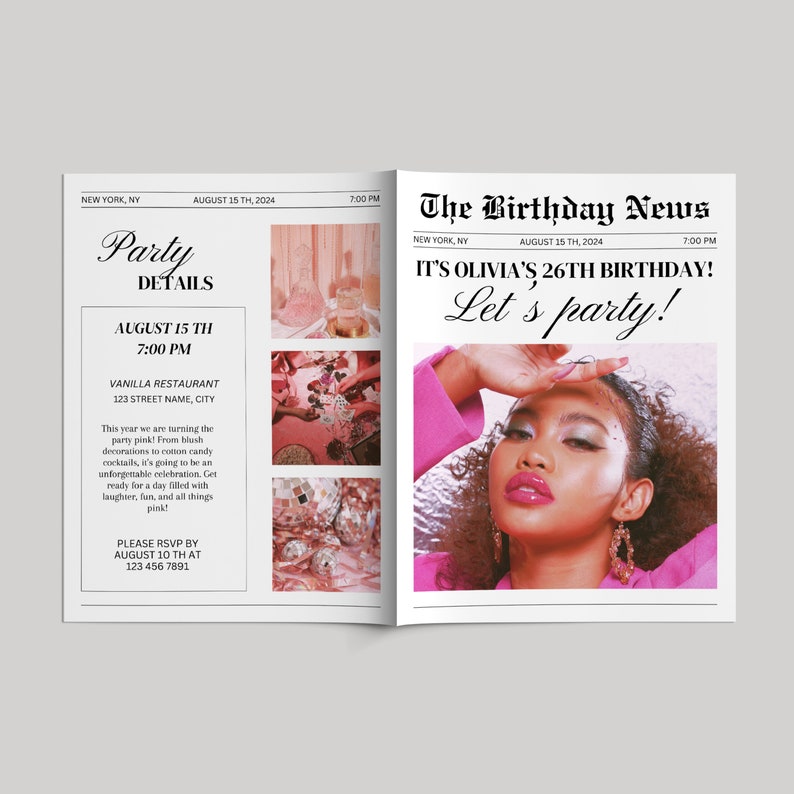 May include: A newspaper-style birthday party invitation. The left page has party details, including the date, time, and location. The right page features the headline "The Birthday News" and a photo of a woman. The invitation is for Olivia's 26th birthday.