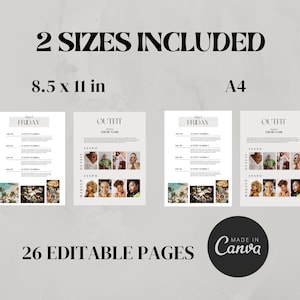 May include: A digital planner template with 26 editable pages in two sizes: 8.5 x 11 inches and A4. The template features a black and white design with a minimalist aesthetic. The text "2 SIZES INCLUDED" is displayed at the top of the image, followed by the two sizes and the text "26 EDITABLE PAGES". The text "MADE IN Canva" is displayed in a circle at the bottom of the image.