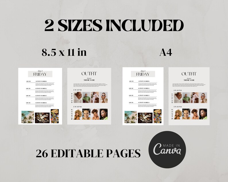 May include: A digital planner template with 26 editable pages in two sizes: 8.5 x 11 inches and A4. The template features a black and white design with a minimalist aesthetic. The text "2 SIZES INCLUDED" is displayed at the top of the image, followed by the two sizes and the text "26 EDITABLE PAGES". The text "MADE IN Canva" is displayed in a circle at the bottom of the image.