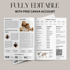 May include: A wedding invitation template with a minimalist design. The text "FULLY EDITABLE WITH FREE CANVA ACCOUNT" is at the top. The invitation includes sections for the wedding timeline, ceremony details, and guest information.