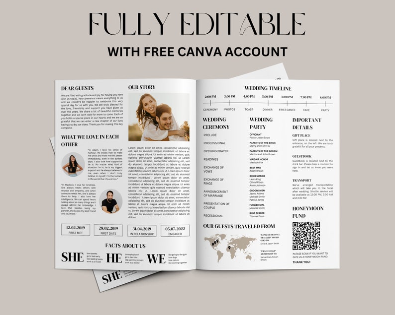 May include: A wedding invitation template with a minimalist design. The text "FULLY EDITABLE WITH FREE CANVA ACCOUNT" is at the top. The invitation includes sections for the wedding timeline, ceremony details, and guest information.