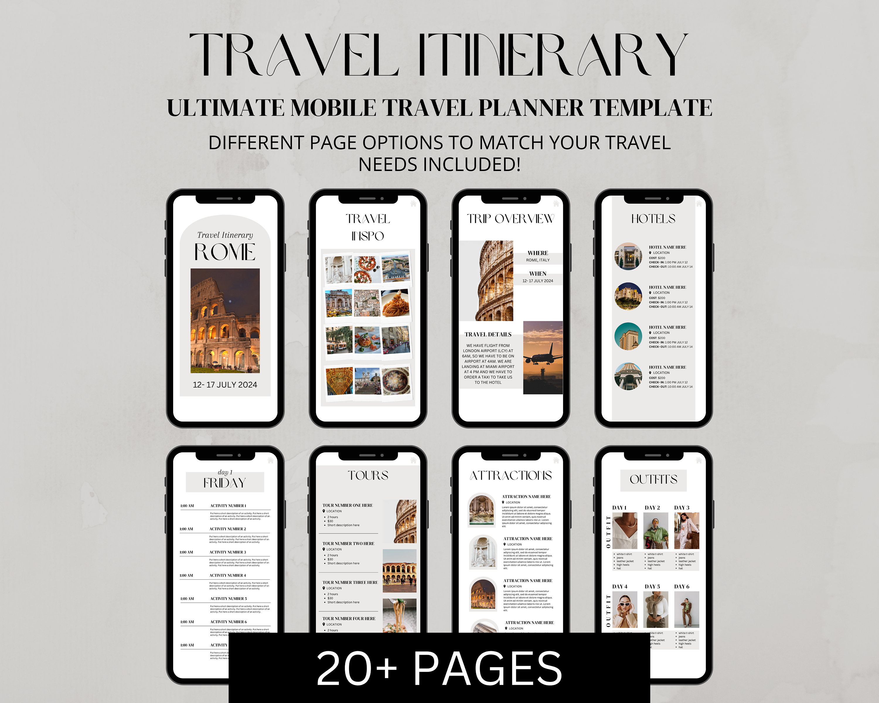 Mobile Travel Itinerary Template, Trip Itinerary Template, Editable ...
