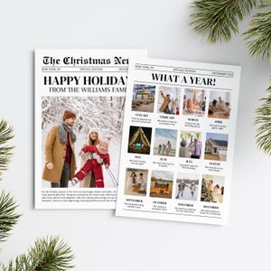 Modelo de cartão de férias em revisão do ano, colagem de fotos de cartão de que ano, modelo de cartão de Natal de jornal para impressão, boletim informativo de férias