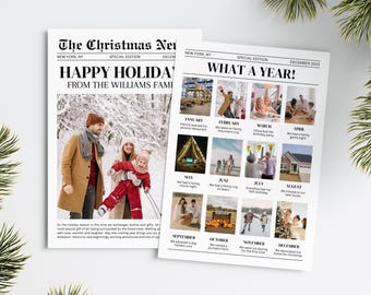 May include: A two-page Christmas newsletter template titled The Christmas News and What A Year! featuring a family photo in snow, twelve monthly photo highlights with captions, and text sections for holiday greetings and family updates.