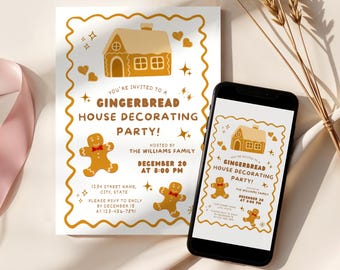 May include: A white invitation card and a smartphone screen displaying a gingerbread house decorating party invitation. The design features a gingerbread house, gingerbread men, and text in gold against a white background. The invitation includes the date, time, and RSVP information.