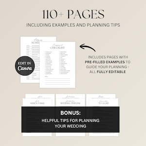Op de afbeelding: Een trouwplanningsgids met de tekst "110+ PAGES INCLUDING EXAMPLES AND PLANNING TIPS." De gids bevat checklists, tijdlijnen en tips. De tekst "EDIT IN Canva" is ook zichtbaar. De gids bevat vooraf ingevulde voorbeelden en is volledig bewerkbaar.