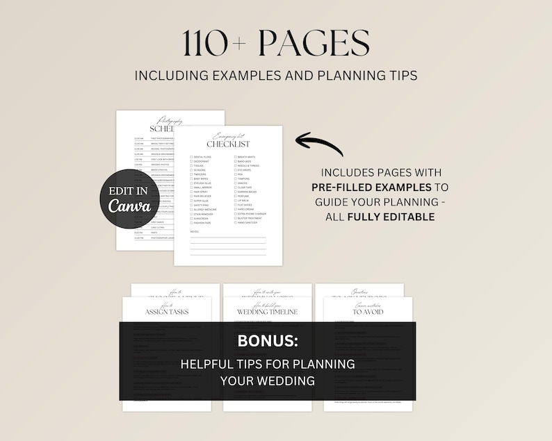 Op de afbeelding: Een trouwplanningsgids met de tekst "110+ PAGES INCLUDING EXAMPLES AND PLANNING TIPS." De gids bevat checklists, tijdlijnen en tips. De tekst "EDIT IN Canva" is ook zichtbaar. De gids bevat vooraf ingevulde voorbeelden en is volledig bewerkbaar.