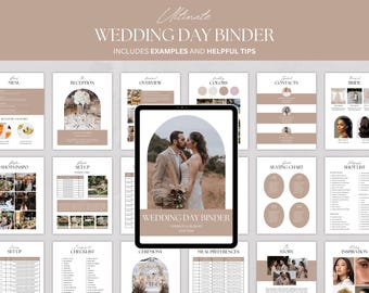 May include: A digital wedding day binder displayed on a tablet screen, surrounded by various planning pages including menus, seating charts, and checklists. The central image features a couple kissing under an archway with the text Wedding Day Binder.