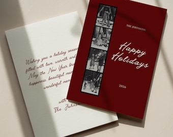 Photo Strip Christmas Card Template, Burgundy Holiday Photo Card, Personalized Family Christmas Card Editable in Canva