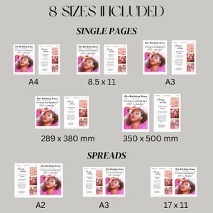 May include: A collection of party-themed printables in various sizes, including A4, 8.5 x 11, A3, and others. The designs feature a woman in a pink top, with text that reads "The Birthday News" and "Let's party!"