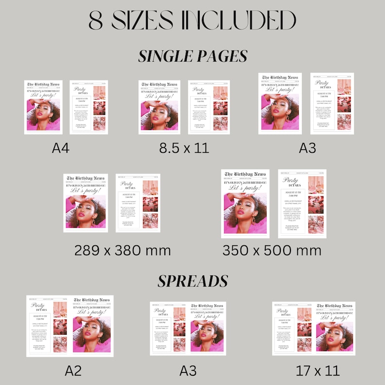 May include: A collection of party-themed printables in various sizes, including A4, 8.5 x 11, A3, and others. The designs feature a woman in a pink top, with text that reads "The Birthday News" and "Let's party!"