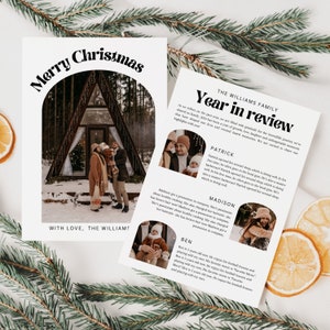 Modello per biglietto di Natale con revisione dell'anno, newsletter per la famiglia di Natale, biglietto che anno, modello per biglietto di auguri con arco retrò, biglietto con foto di famiglia