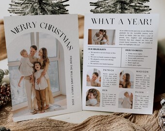 Puede incluir: Una tarjeta de Navidad con una foto familiar y el texto "MERRY CHRISTMAS" en una fuente elegante. La tarjeta también incluye el texto "WHAT A YEAR!" y un resumen del año de la familia.
