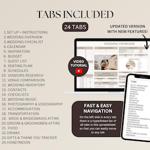 Op de afbeelding: Een digitale spreadsheet voor huwelijksplanning weergegeven op een laptop en smartphone. Het scherm toont een overzicht van de bruiloft met tabbladen voor planning, inclusief budget, gastenlijst en leveranciersonderzoek. De tekst "TABS INCLUDED" en "24 TABS" is inbegrepen.