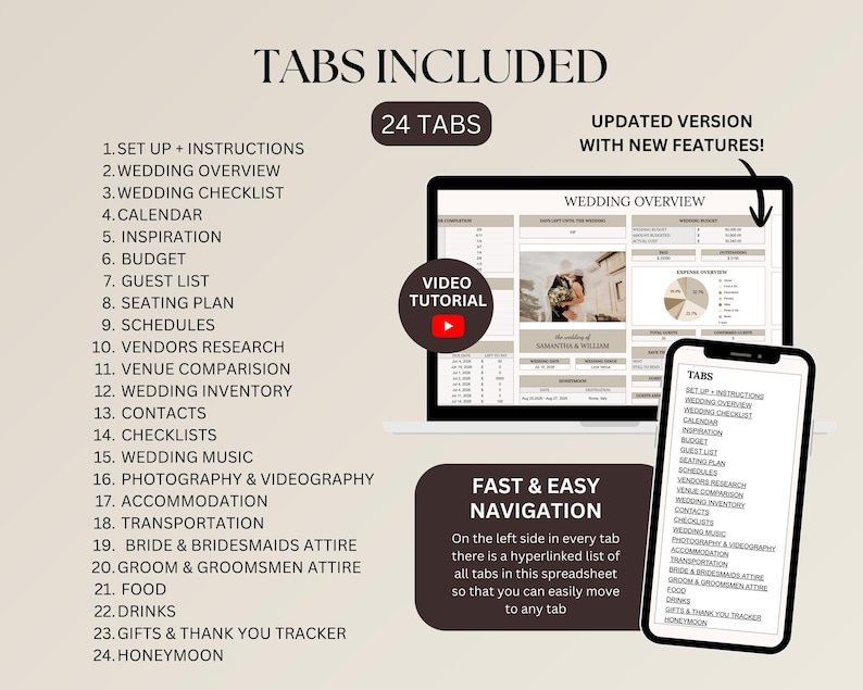 Op de afbeelding: Een digitale spreadsheet voor huwelijksplanning weergegeven op een laptop en smartphone. Het scherm toont een overzicht van de bruiloft met tabbladen voor planning, inclusief budget, gastenlijst en leveranciersonderzoek. De tekst "TABS INCLUDED" en "24 TABS" is inbegrepen.