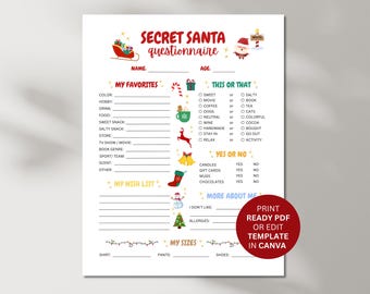 Könnte beinhalten: Eine druckbare Vorlage für einen Secret Santa-Fragebogen mit festlichen Illustrationen. Das Dokument enthält Abschnitte für Favoriten, Vorlieben und eine Wunschliste, mit einem roten Kreis mit der Aufschrift "Print Ready PDF or Edit Template in Canva".