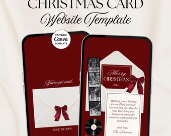 Digital Christmas Card Template , Burgundy Holiday Photo Card Website, Modern Family Christmas Card, Old Money Christmas Canva Template