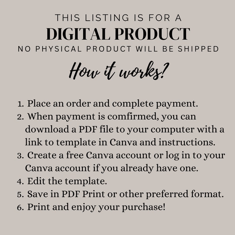 May include: A beige graphic with black text that reads "THIS LISTING IS FOR A DIGITAL PRODUCT" and "How it works?" followed by numbered steps for downloading and using a template in Canva.