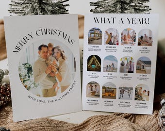 Puede incluir: Una tarjeta de Navidad con una foto familiar dentro de un marco circular, con las palabras "MERRY CHRISTMAS" en la parte superior. La tarjeta también presenta una sección "WHAT A YEAR!" con fotos y texto.