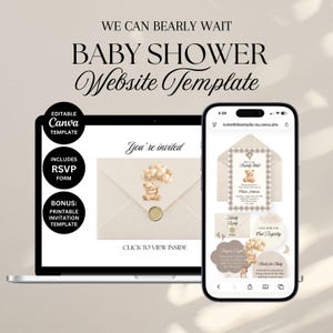 Könnte beinhalten: Eine Babyparty-Website-Vorlage, die auf einem Laptop und Smartphone angezeigt wird. Das Design zeigt einen Teddybären mit Luftballons, eine Einladung und den Text "We Can Bearly Wait Baby Shower Website Template".