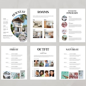 May include: A six-page document with a white background and black text. The document is a travel itinerary for a weekend trip. The pages include information about the hotel, rooms, weekend itinerary, outfit theme, and activities for Friday and Saturday.