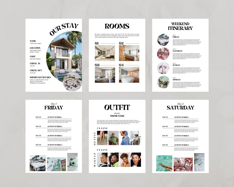 May include: A six-page document with a white background and black text. The document is a travel itinerary for a weekend trip. The pages include information about the hotel, rooms, weekend itinerary, outfit theme, and activities for Friday and Saturday.