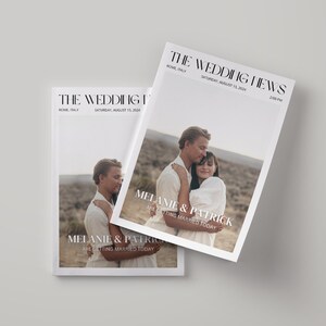 May include: Two wedding announcement cards with the headline "THE WEDDING NEWS". The cards feature a photo of a couple embracing, with the names "MELANIE & PATRICK" and the text "ARE GETTING MARRIED TODAY". The date is August 15, 2024.